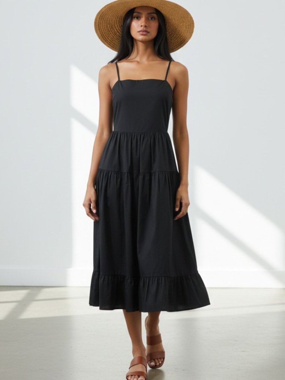 Sugarlips NWT Black Tiered Midi Dress Minimal Spaghetti Strap size XL